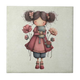 Meisje met een kikkerpop Schattig Whimsical Tegeltje