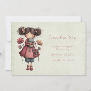 Meisje met een kikkerpop Schattig Whimsical Verjaa Save The Date