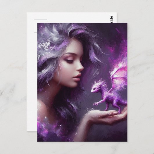 Meisje met een kleine paarse draak briefkaart (Voorkant / Achterkant)