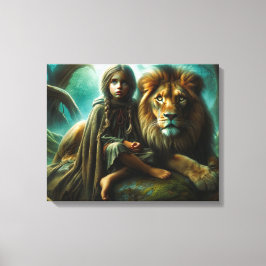 Meisje met een leeuw canvas afdruk