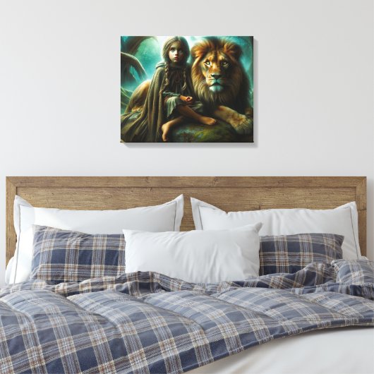 Meisje met een leeuw canvas afdruk (Insitu (Slaapkamer))