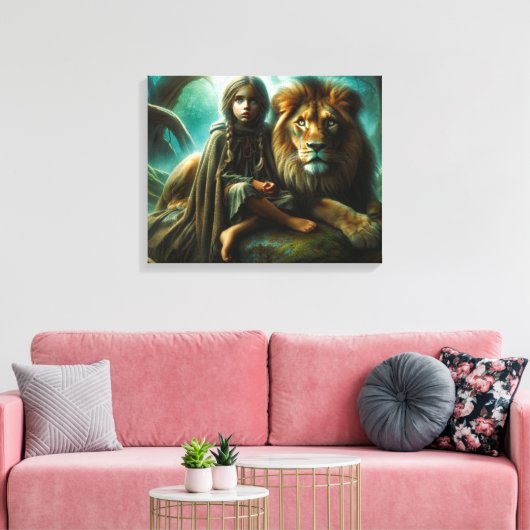 Meisje met een leeuw canvas afdruk (Insitu (Woonkamer))