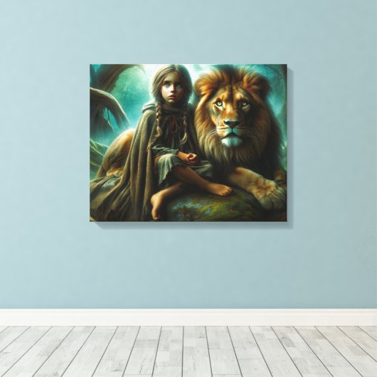 Meisje met een leeuw canvas afdruk (Insitu (Houten vloer))