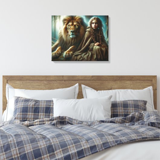 Meisje met een leeuw canvas afdruk (Insitu (Slaapkamer))
