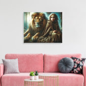 Meisje met een leeuw canvas afdruk (Insitu (Woonkamer))
