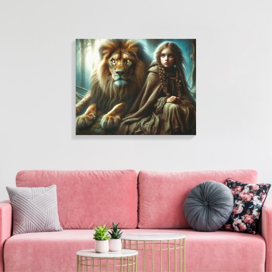 Meisje met een leeuw canvas afdruk (Insitu (Woonkamer))