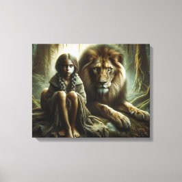 Meisje met een leeuw canvas afdruk