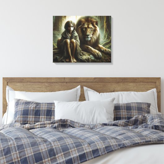 Meisje met een leeuw canvas afdruk (Insitu (Slaapkamer))