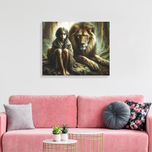 Meisje met een leeuw canvas afdruk (Insitu (Woonkamer))