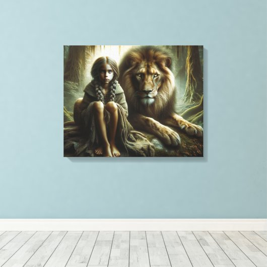 Meisje met een leeuw canvas afdruk (Insitu (Houten vloer))