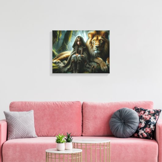 Meisje met een leeuw canvas afdruk (Insitu (Woonkamer))