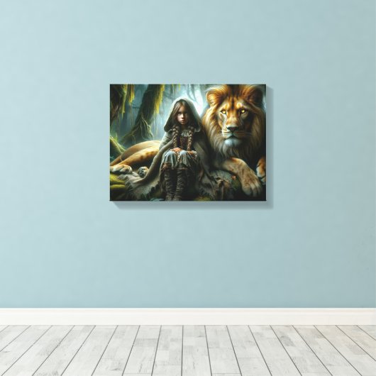 Meisje met een leeuw canvas afdruk (Insitu (Houten vloer))