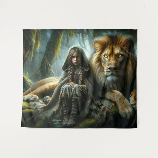 Meisje met een leeuw wandkleed (Voorkant (horizontaal))