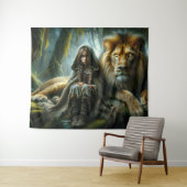 Meisje met een leeuw wandkleed (In Situ (horizontaal))