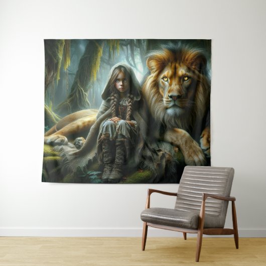 Meisje met een leeuw wandkleed (In Situ (horizontaal))