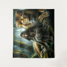 Meisje met een leeuw wandkleed