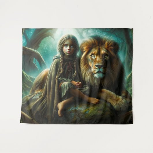 Meisje met een leeuw wandkleed (Voorkant (horizontaal))