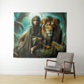 Meisje met een leeuw wandkleed (In Situ (horizontaal))