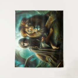 Meisje met een leeuw wandkleed