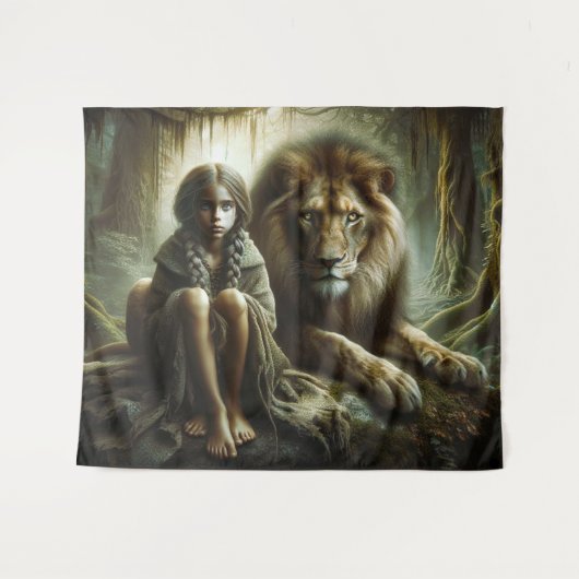 Meisje met een leeuw wandkleed (Voorkant (horizontaal))
