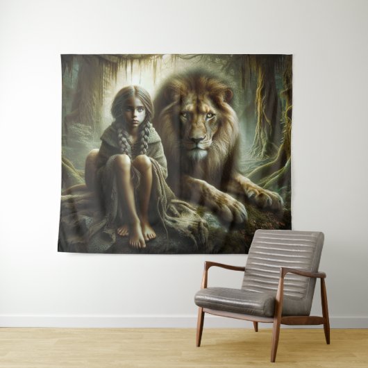 Meisje met een leeuw wandkleed (In Situ (horizontaal))