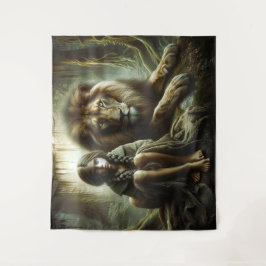 Meisje met een leeuw wandkleed