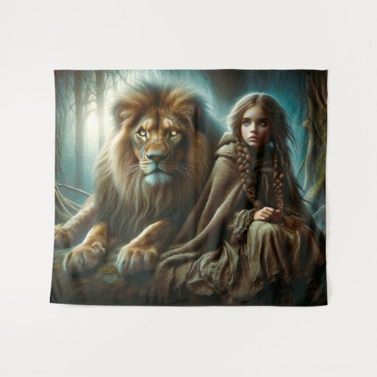 Meisje met een leeuw wandkleed (Voorkant (horizontaal))
