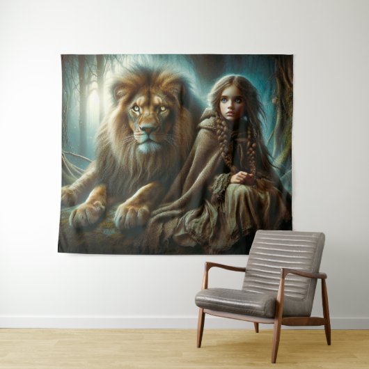 Meisje met een leeuw wandkleed (In Situ (horizontaal))