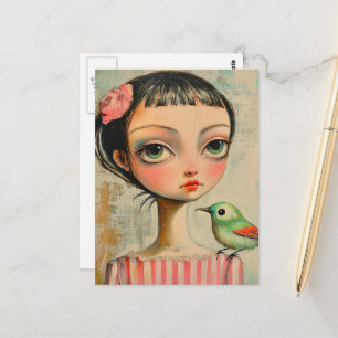 Meisje met een leuk groen vogeltje op haar schoude briefkaart