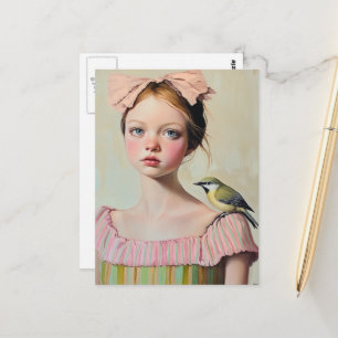 Meisje met een leuk vogeltje op haar schouder briefkaart