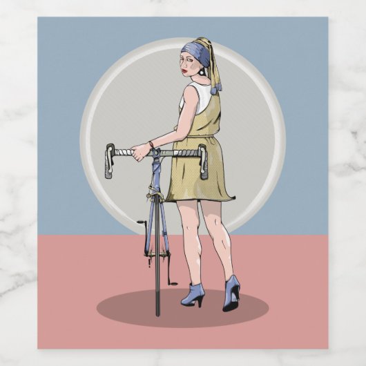 Meisje met een parel die nieuwe fiets verdient wijn etiket (Enkel label)