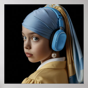 Meisje met een parel oorbel en blauwe hoofdtelefoo poster