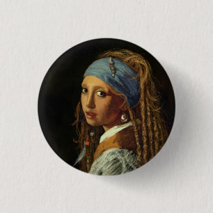 Meisje met een parelaarparodie ronde button 3,2 cm