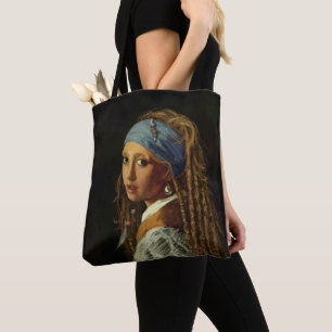 Meisje met een parelaarparodie tote bag