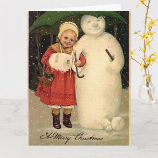 Meisje met een rode jas met een Snowman-feestdag B Kaart (Gele Bloem)