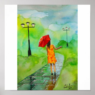 MEISJE MET EEN RODE UMBRELLA POSTER
