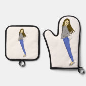 meisje met een staart ovenwant & pannenlap set (Voorkant)