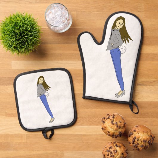 meisje met een staart ovenwant & pannenlap set (Top down)