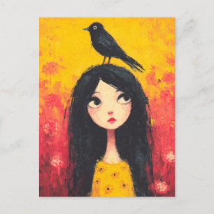 Meisje met een vogel op haar hoofd briefkaart