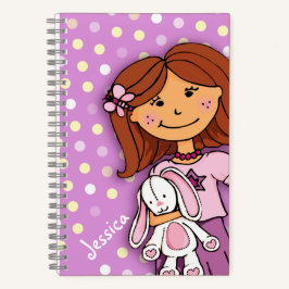Meisje met een witte bunny lila paarse polka stip notitieboek