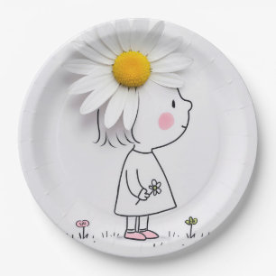 Meisje met een witte madeliefje op haar hoofd papieren bordje