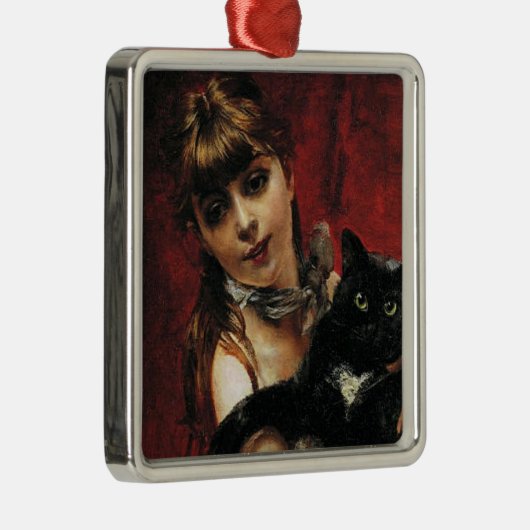 Meisje met een zwarte kat in haar armen metalen ornament (Rechts)