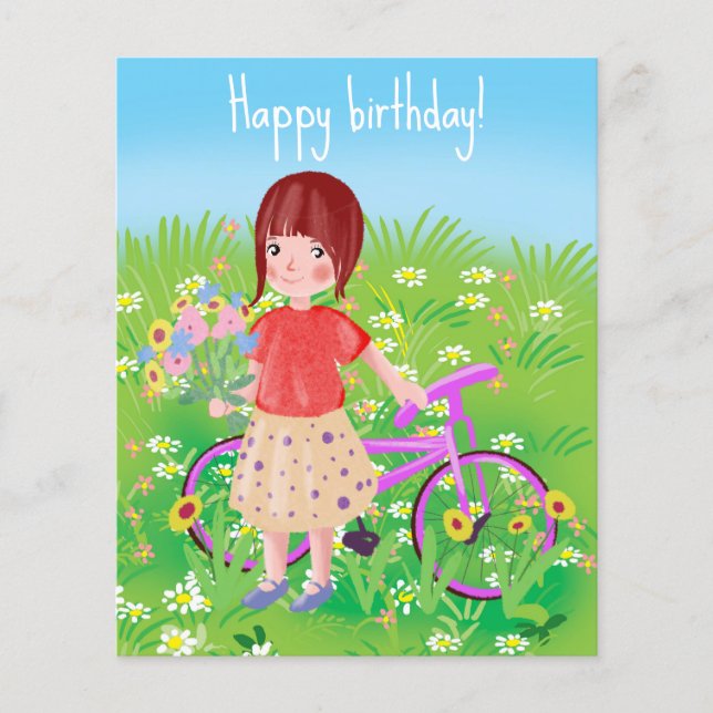 Meisje met fiets in bloeiende weide (Voorkant)