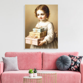 Meisje met geschenkdoos canvas afdruk