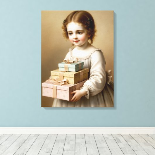Meisje met geschenkdoos canvas afdruk (Insitu (Houten vloer))