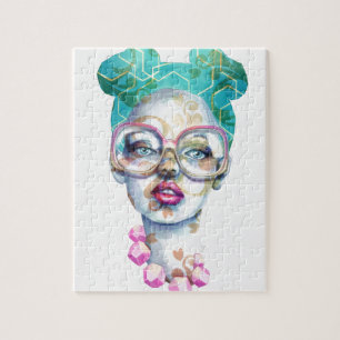 Meisje met Glasses Funky Waterverf Art Legpuzzel