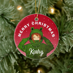 Meisje met groene kikker hoodie kerst tekening keramisch ornament