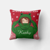 Meisje met Groene Kikker Hoodie Sneeuwvlokken Kers Kussen (Achterkant)