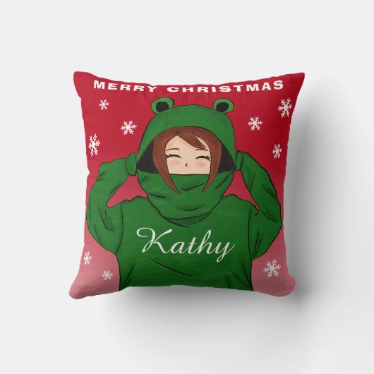 Meisje met Groene Kikker Hoodie Sneeuwvlokken Kers Kussen (Achterkant)