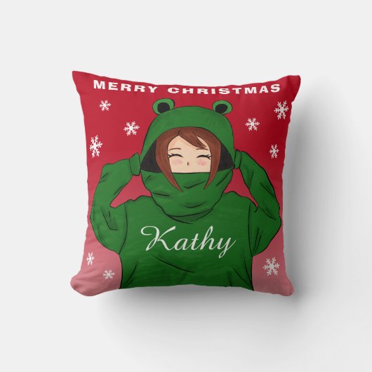 Meisje met Groene Kikker Hoodie Sneeuwvlokken Kers Kussen (Voorkant)